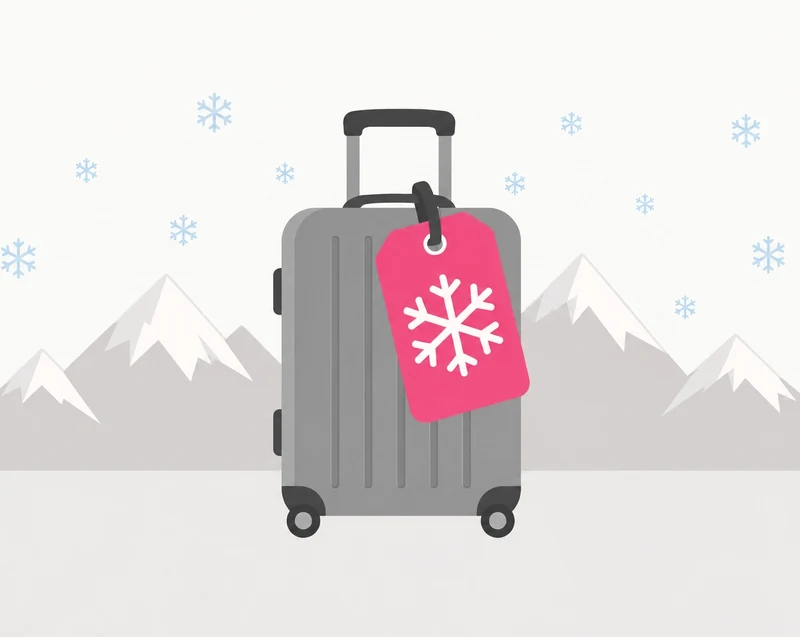 Valise et étiquette flocon devant des montagnes enneigées.