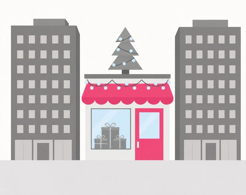Boutique de quartier décorée avec un sapin, des guirlandes et des cadeaux.
